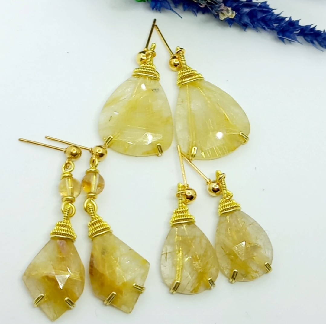 2156 Altın rutilli Kuvars Sitrin el yapımı küpe