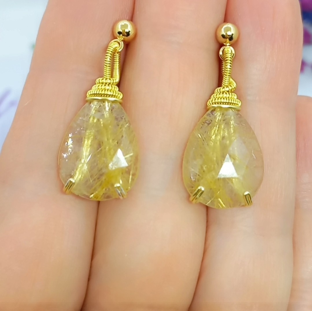 2157 Faset kesim altın rutilli Kuvars el yapımı küpe