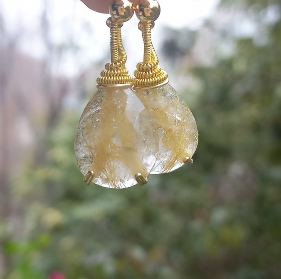 2157 Faset kesim altın rutilli Kuvars el yapımı küpe