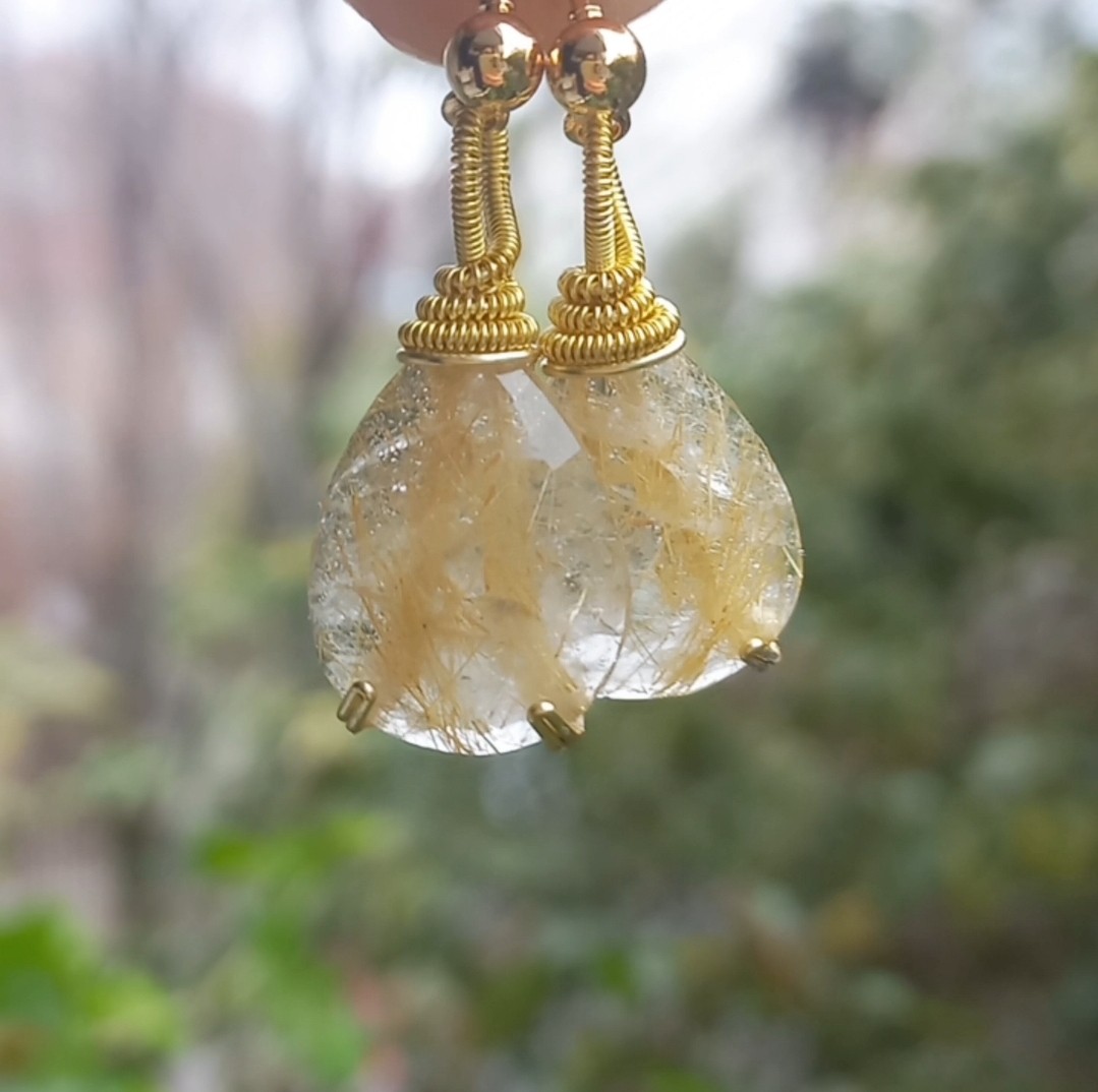 2157 Faset kesim altın rutilli Kuvars el yapımı küpe