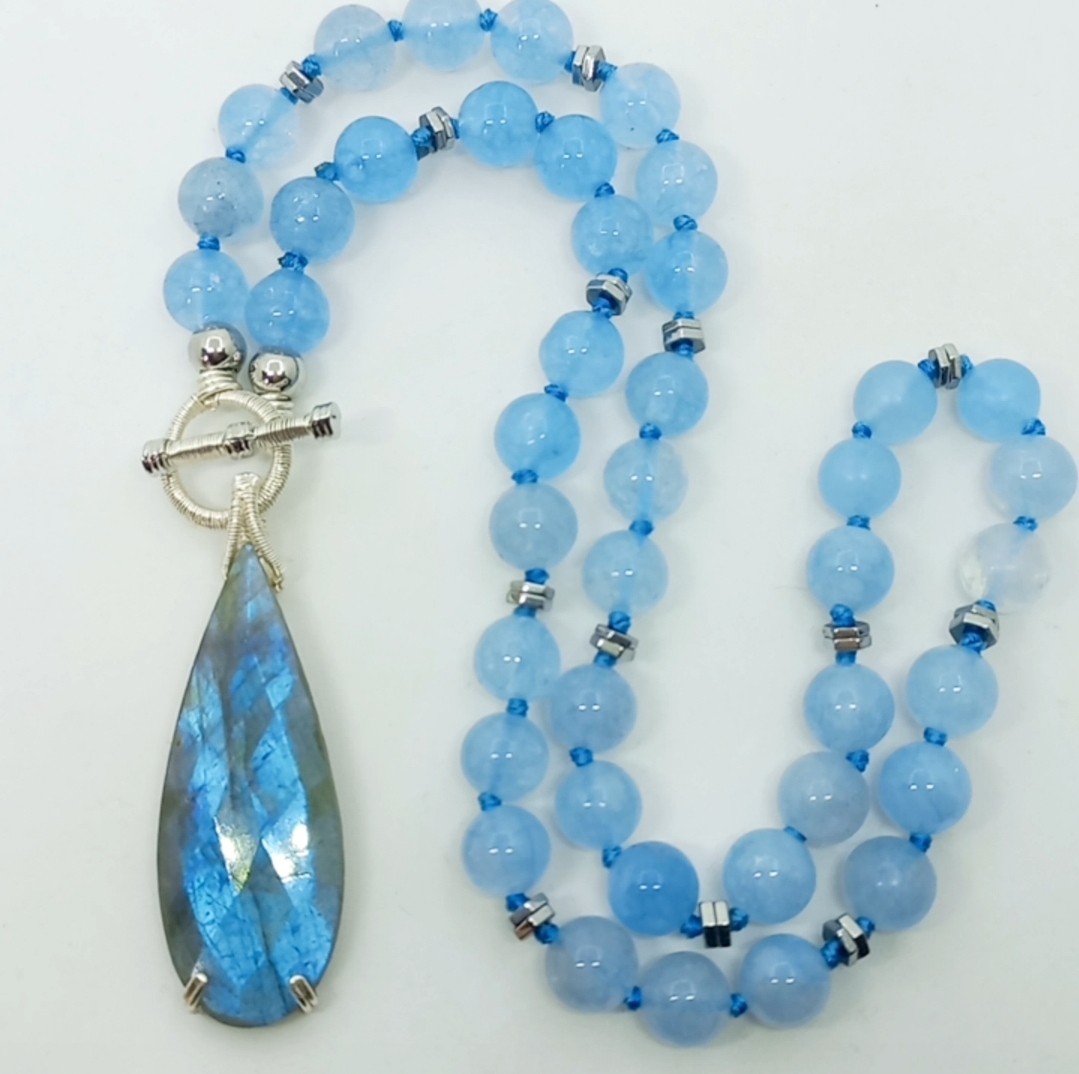 2165 Labradorit Akuamarin el yapımı kolye