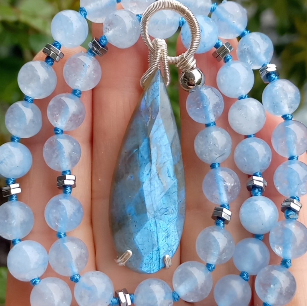 2165 Labradorit Akuamarin el yapımı kolye