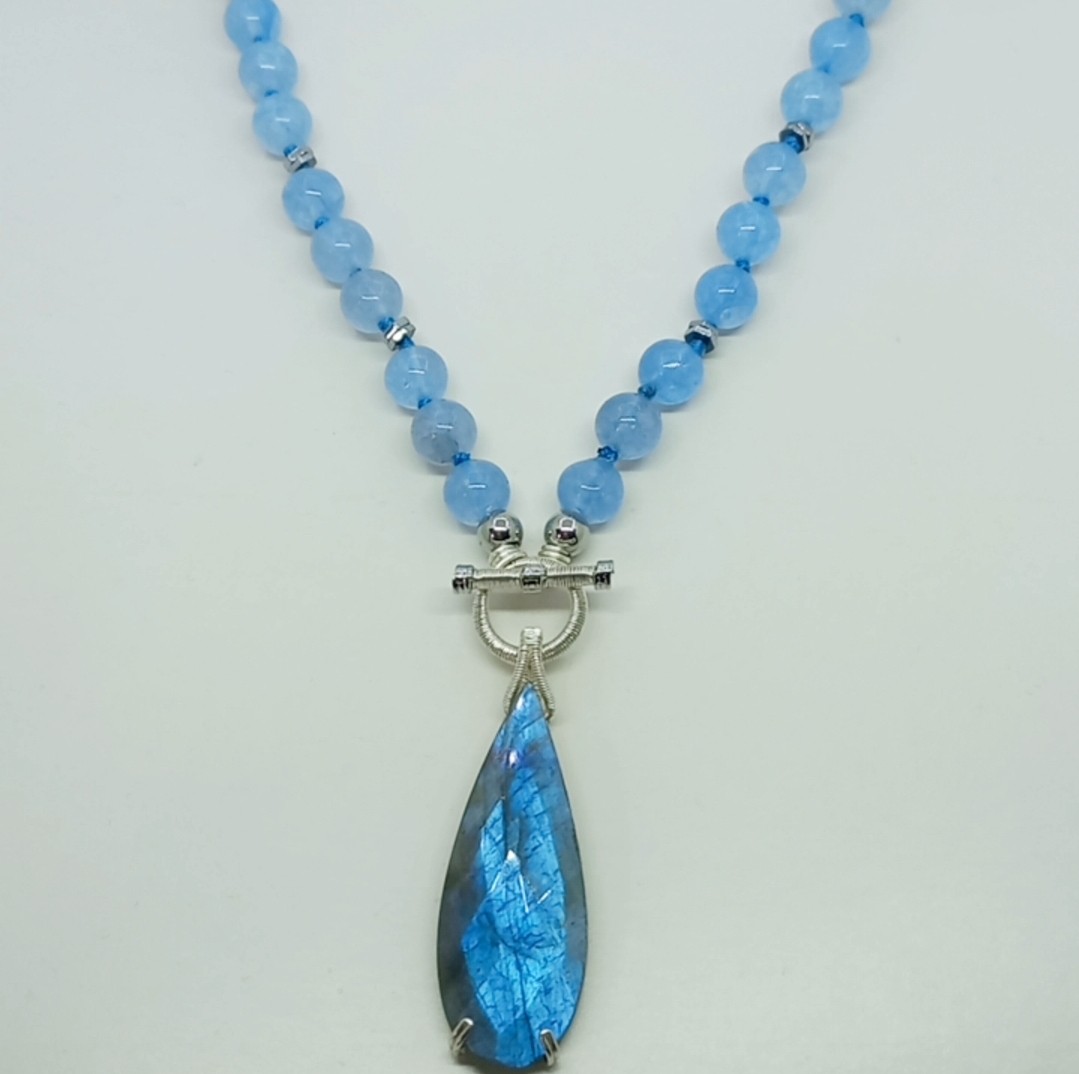 2165 Labradorit Akuamarin el yapımı kolye