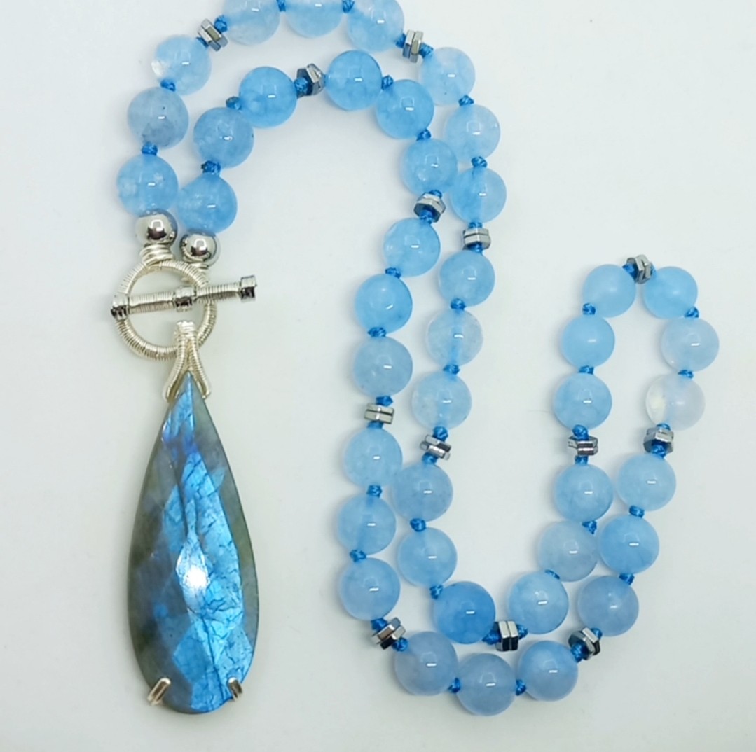 2165 Labradorit Akuamarin el yapımı kolye