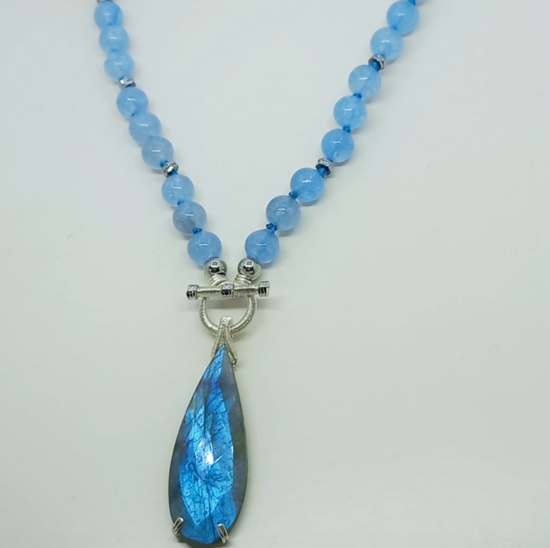 2165 Labradorit Akuamarin el yapımı kolye