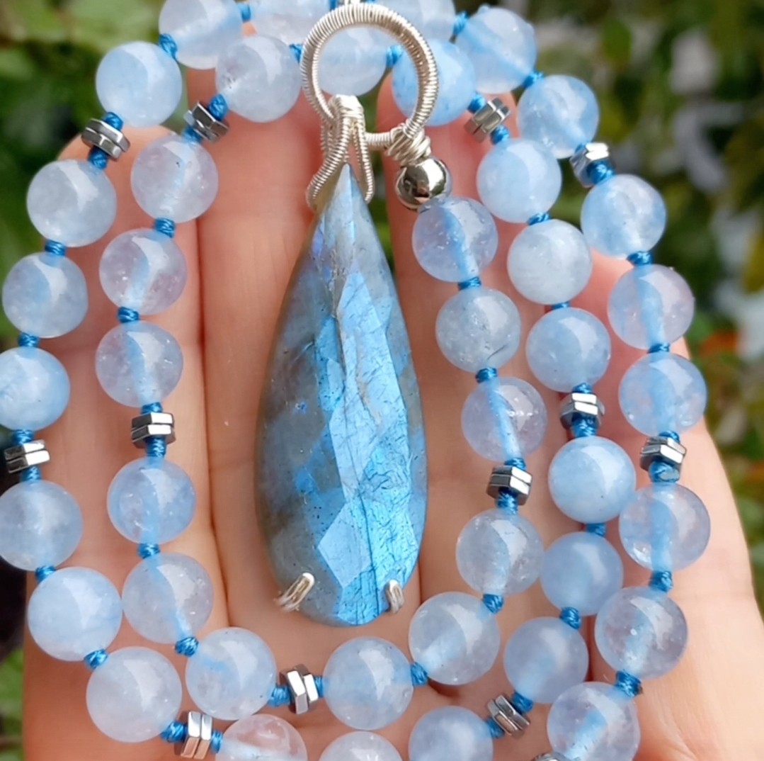 2165 Labradorit Akuamarin el yapımı kolye