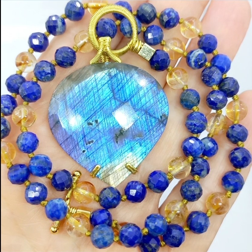 2168 Labradorit Lapis lazuli Sitrin el yapımı düğümlü kolye