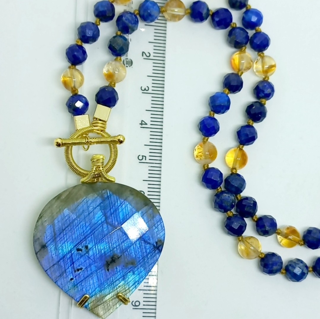 2168 Labradorit Lapis lazuli Sitrin el yapımı düğümlü kolye