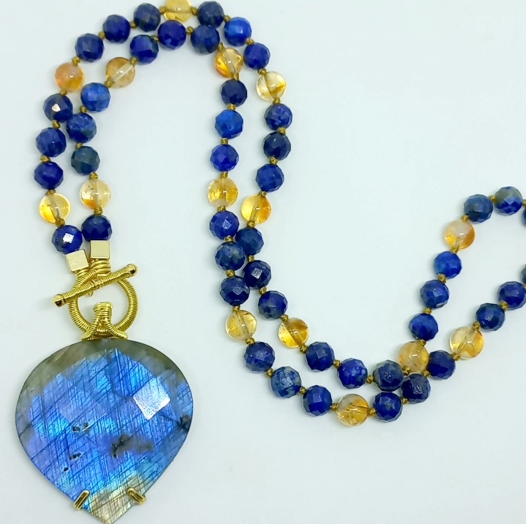 2168 Labradorit Lapis lazuli Sitrin el yapımı düğümlü kolye