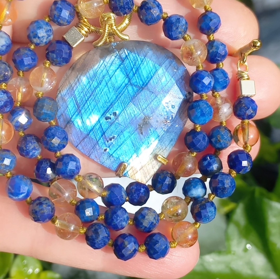 2168 Labradorit Lapis lazuli Sitrin el yapımı düğümlü kolye