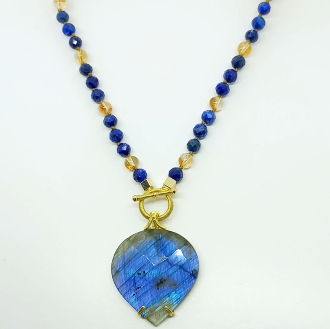 2168 Labradorit Lapis lazuli Sitrin el yapımı düğümlü kolye