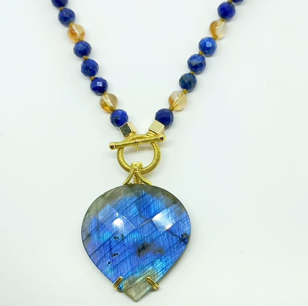 2168 Labradorit Lapis lazuli Sitrin el yapımı düğümlü kolye