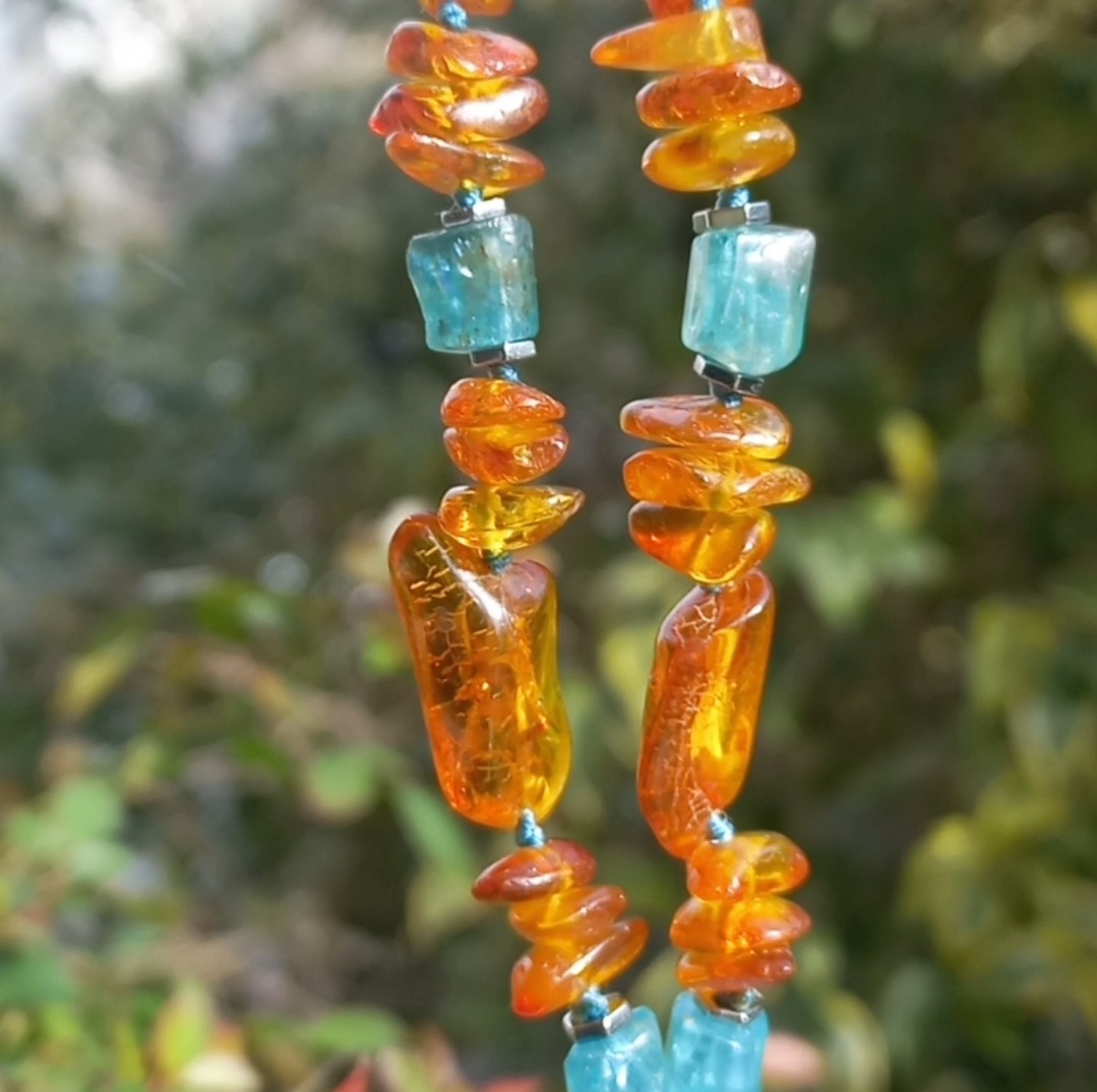 2169 Labradorit Kehribar Apatit el yapımı  kolye