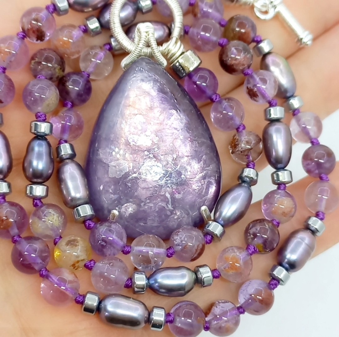 2175 Lepidolit Fantom Ametist arpa doğal İnci el yapımı düğümlü kolye