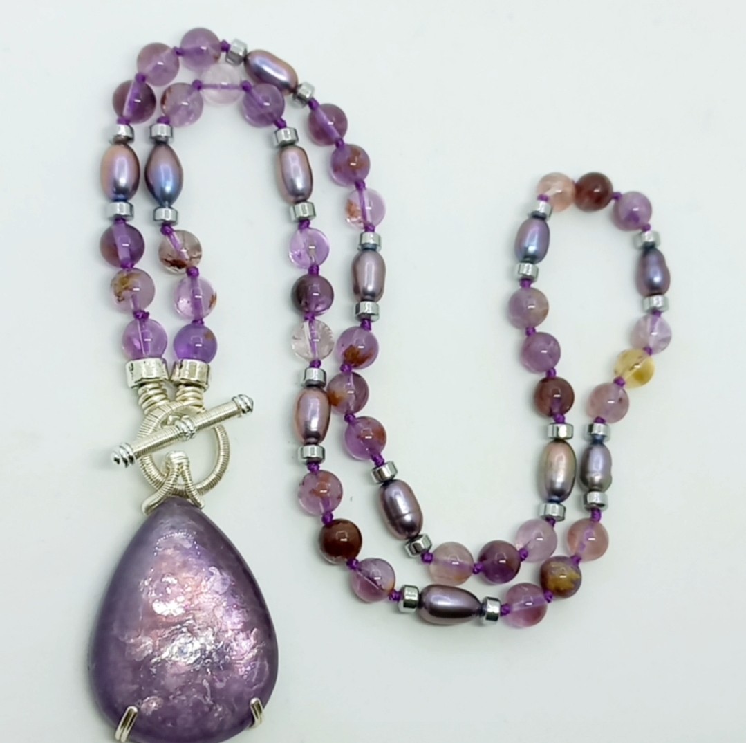 2175 Lepidolit Fantom Ametist arpa doğal İnci el yapımı düğümlü kolye