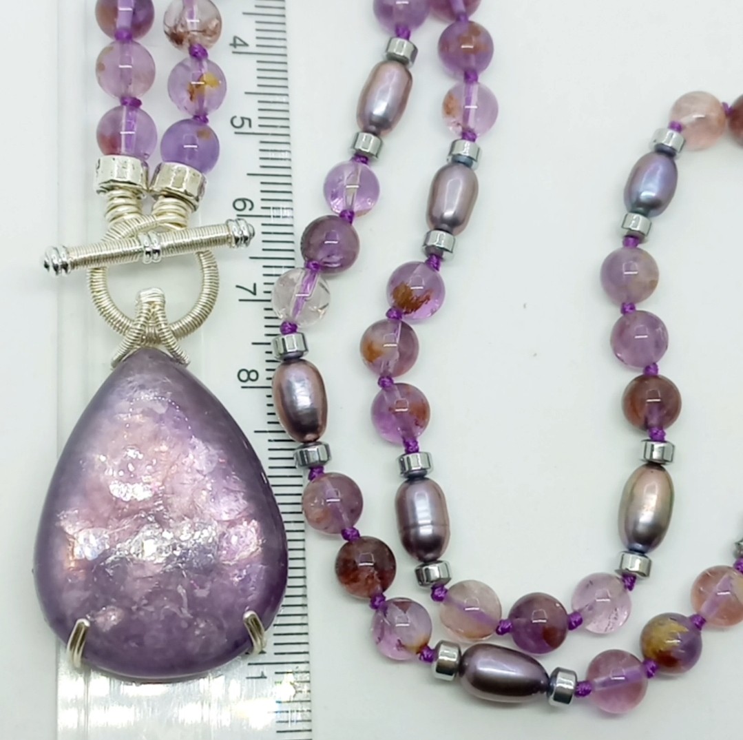 2175 Lepidolit Fantom Ametist arpa doğal İnci el yapımı düğümlü kolye