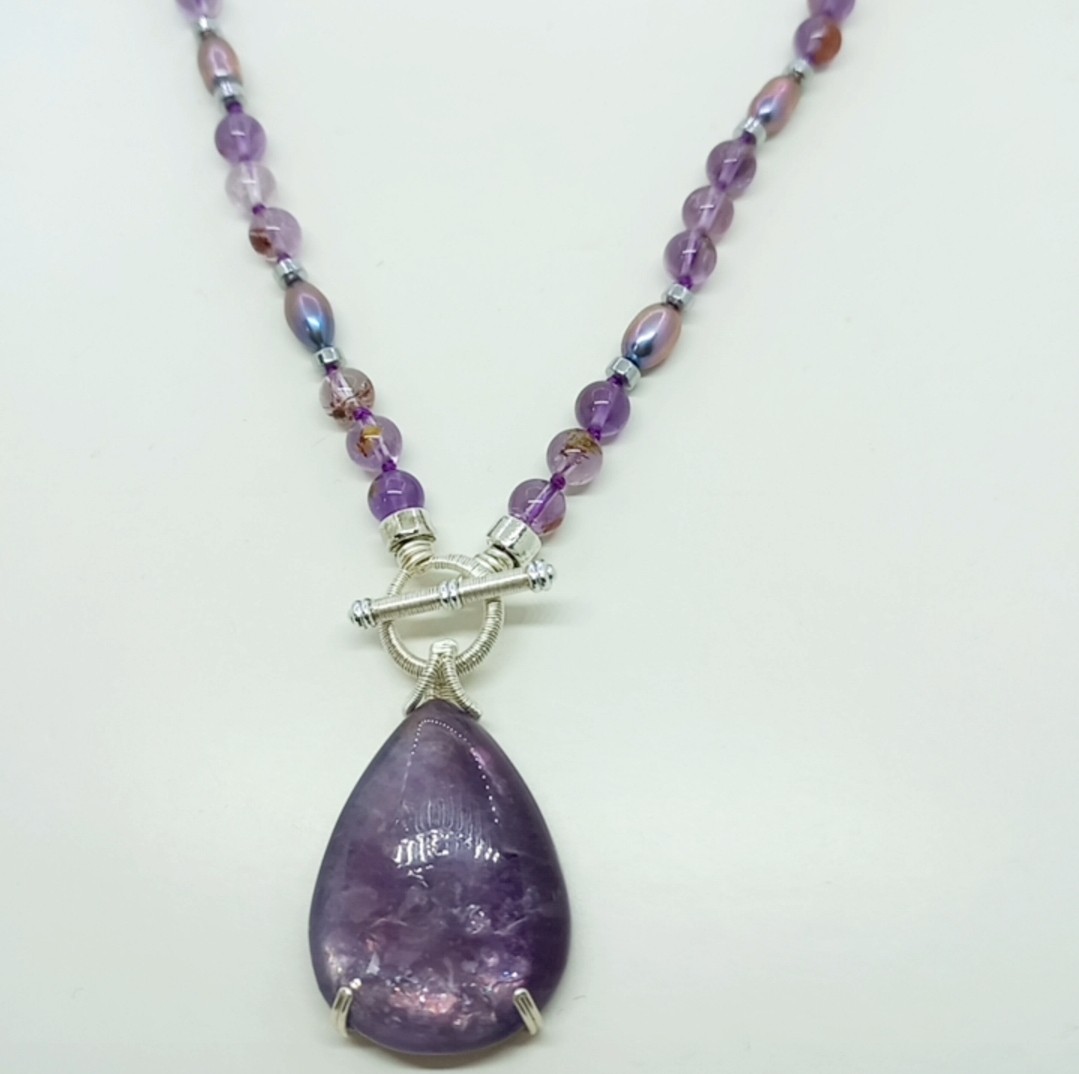 2175 Lepidolit Fantom Ametist arpa doğal İnci el yapımı düğümlü kolye