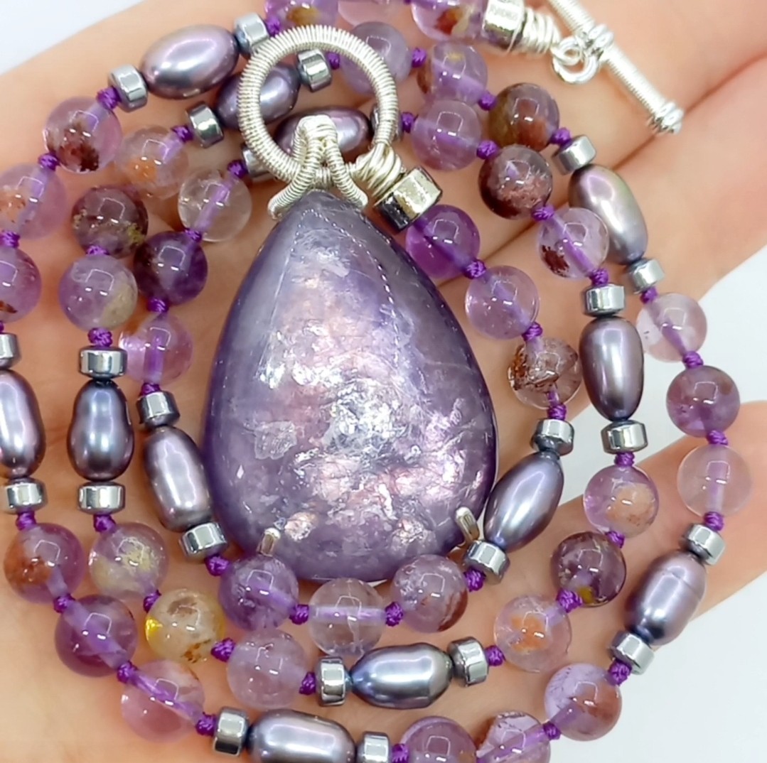 2175 Lepidolit Fantom Ametist arpa doğal İnci el yapımı düğümlü kolye