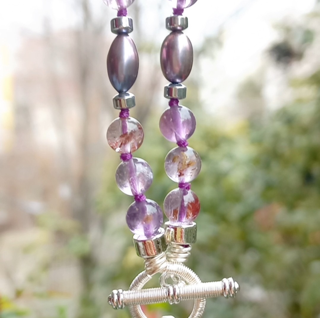 2175 Lepidolit Fantom Ametist arpa doğal İnci el yapımı düğümlü kolye