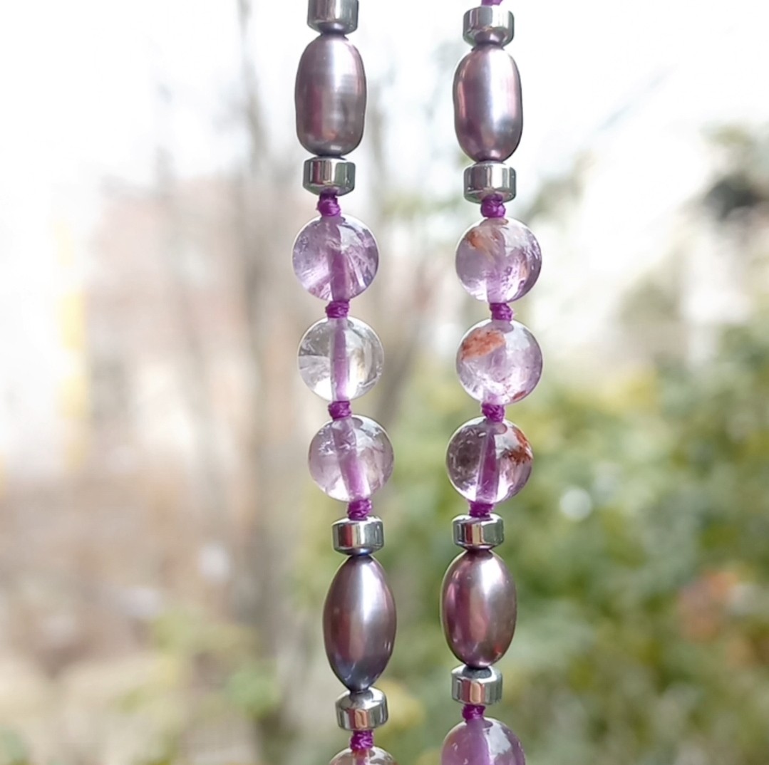 2175 Lepidolit Fantom Ametist arpa doğal İnci el yapımı düğümlü kolye