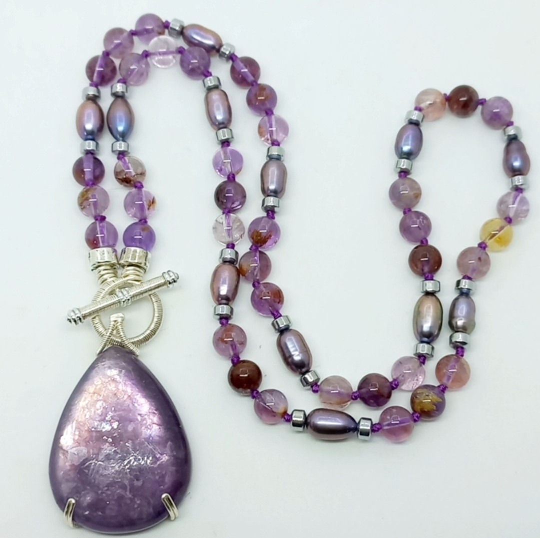 2175 Lepidolit Fantom Ametist arpa doğal İnci el yapımı düğümlü kolye