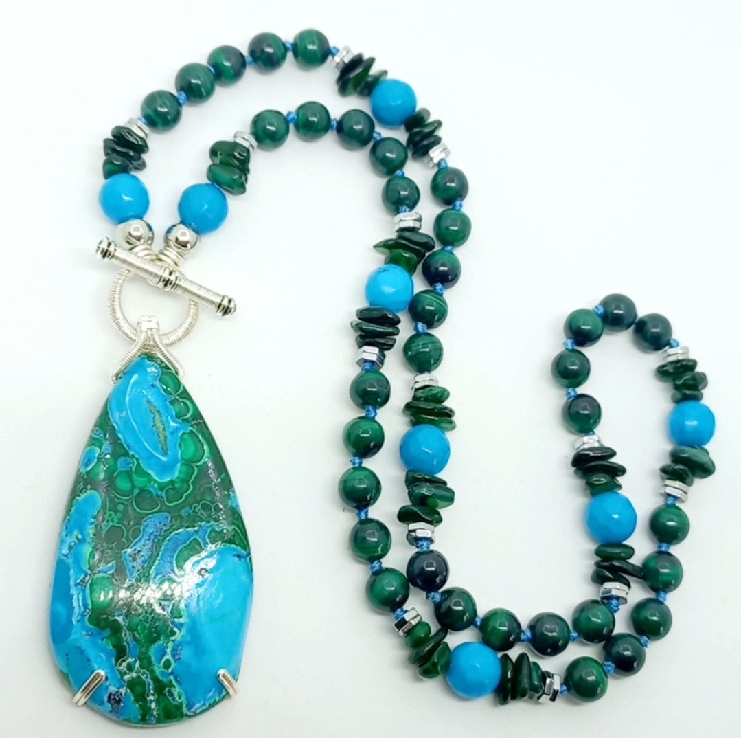 2186 Azurit Malahit Turkuaz Sedef düğümlü el yapımı kolye