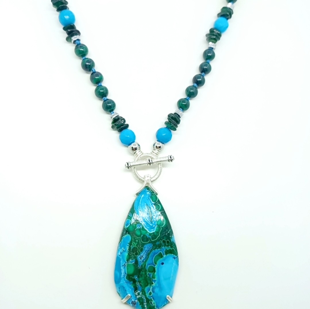 2186 Azurit Malahit Turkuaz Sedef düğümlü el yapımı kolye