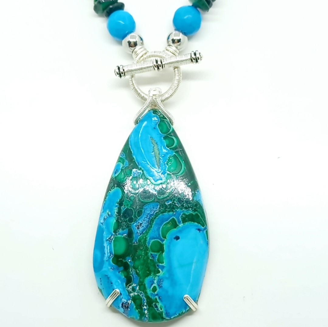 2186 Azurit Malahit Turkuaz Sedef düğümlü el yapımı kolye