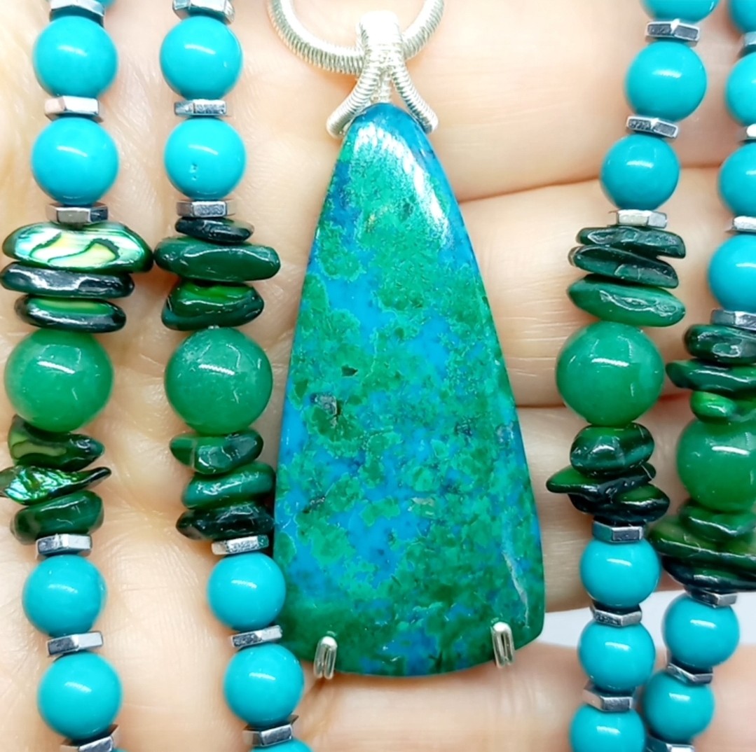 2187 Krizokol Aventurin Turkuaz Sedef el yapımı kolye