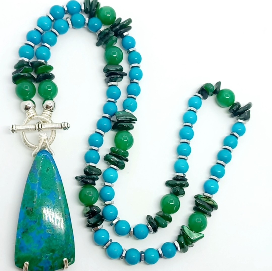2187 Krizokol Aventurin Turkuaz Sedef el yapımı kolye