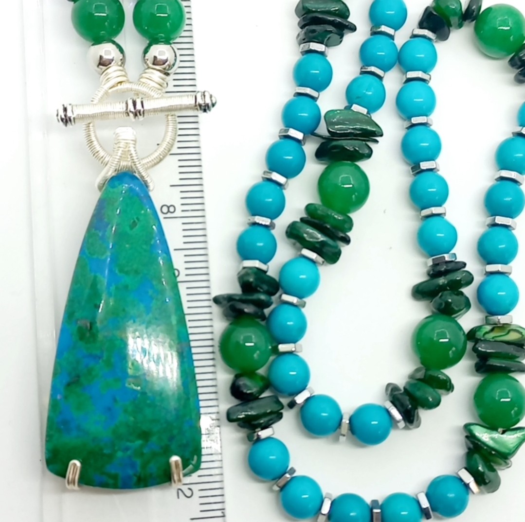 2187 Krizokol Aventurin Turkuaz Sedef el yapımı kolye