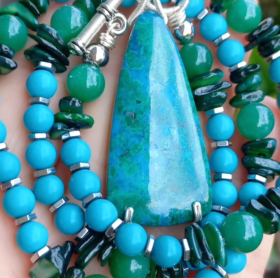 2187 Krizokol Aventurin Turkuaz Sedef el yapımı kolye