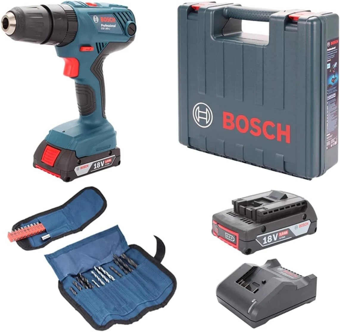 BOSCH GSB 180Lİ AKÜLÜ DARBELİ VİDALAMA 18V 2X2,0 AH + 23 PARÇA AKSESUAR SET