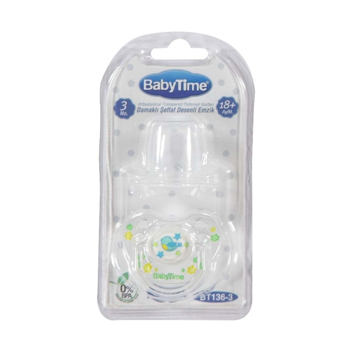 BabyTime Damaklı Şeffaf Desenli Emzik 3 Numara 18+ Ay BT136-3 Mint Çiçek