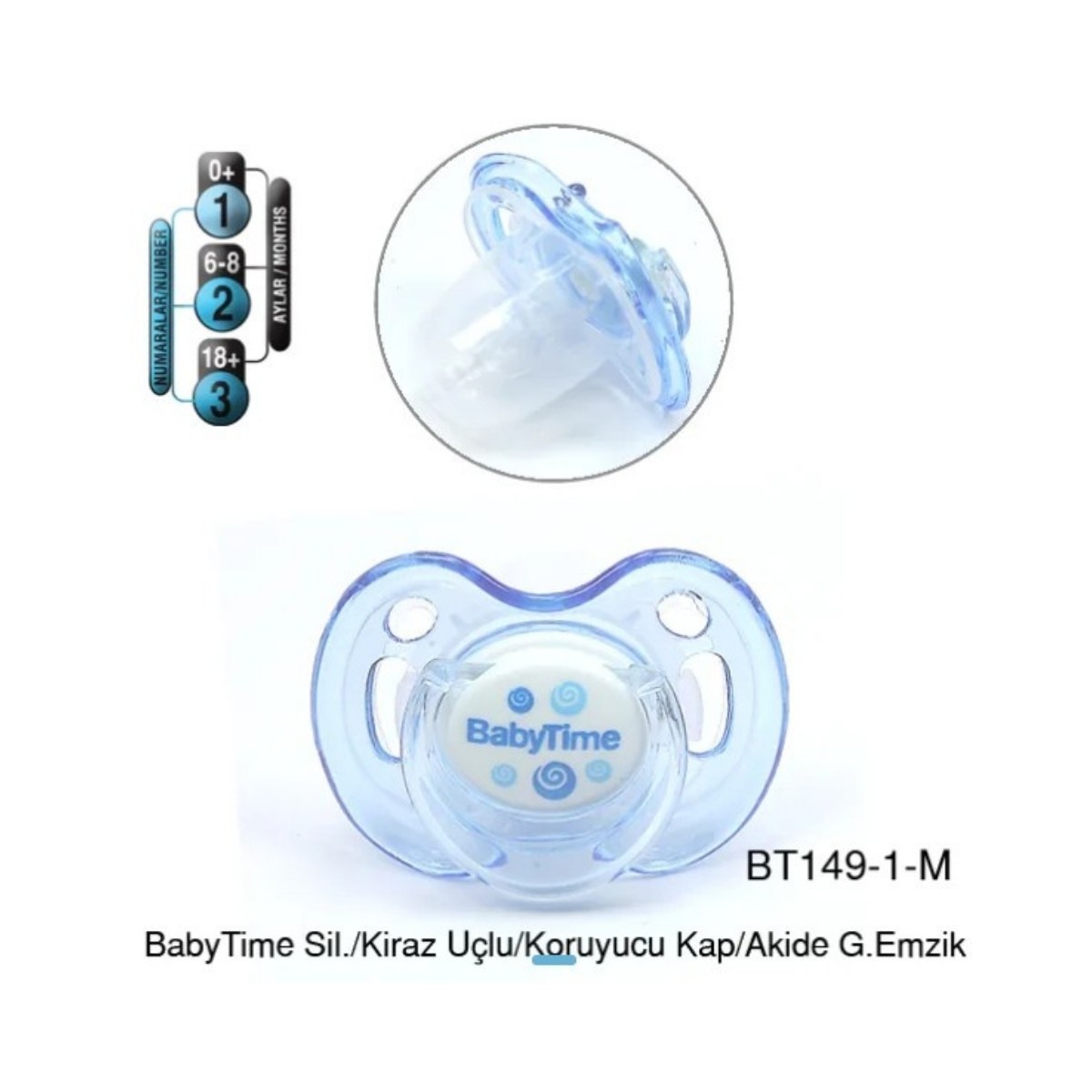 BabyTime Damaklı Kiraz Uçlu Akide Desenli Emzik 1 Numara 0-6 Ay BT149-1 Mavi