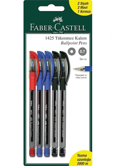 Faber Castell 1425 İğne Uç Tükenmez 5'li Kalem (1 Kırmızı /2 Siyah /2 Mavi )