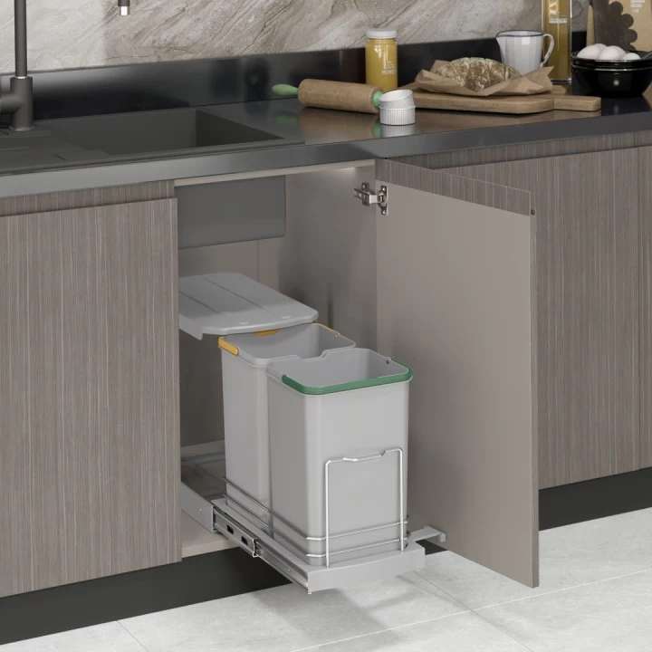 Starax S-2392-G Teleskopik Rayli Plastik Gövde Çöp Kovasi 260*440*400 Gri 12+12 Lt