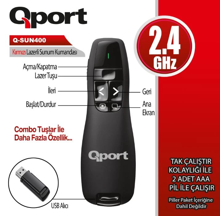 Qport Q-sun400 2.4 Ghz Usb Kirmizi Lazerlİ Sunum Kumandasi - Presenter