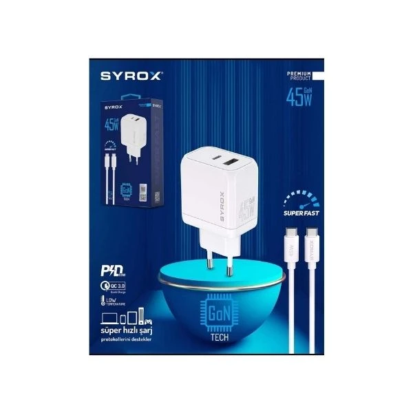 Syrox 45w Gan Ve Pd Süper Hızlı Turbo Şarj Type-c Ve Usb A Çift Girişli Şarj Adaptörü/ Type-c Kablo Set