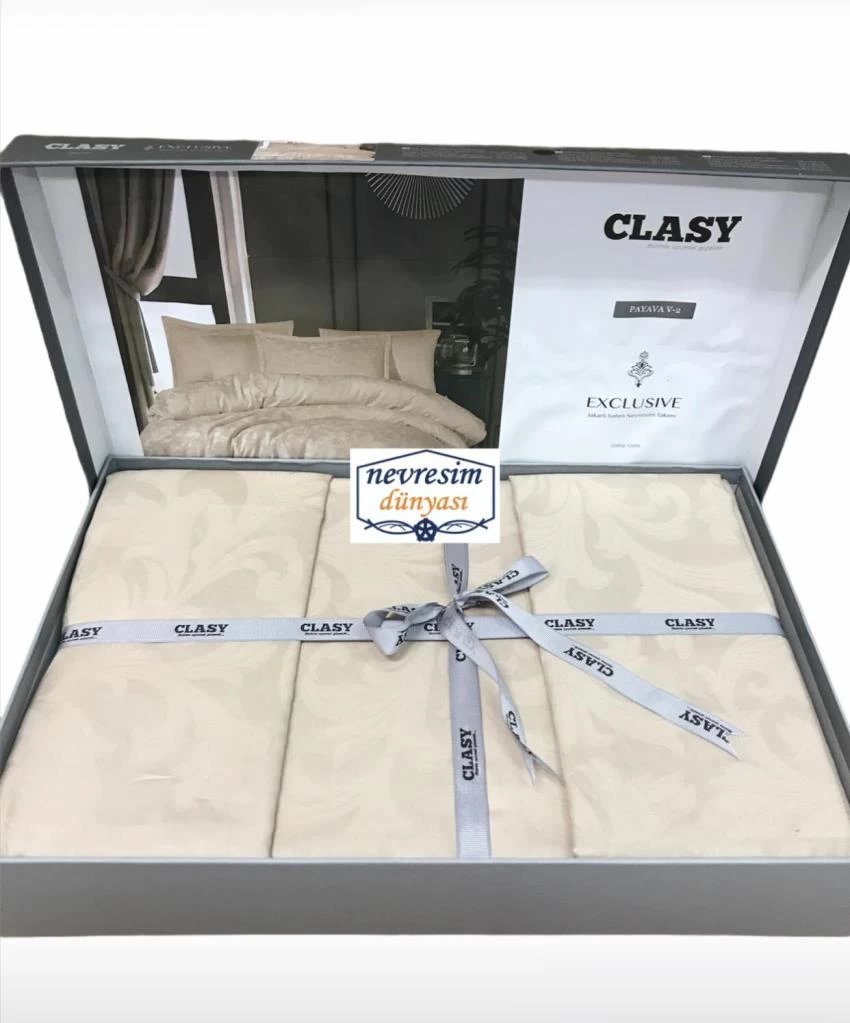 Clasy Exclusive Jakarlı Çift Kişilik Pamuk Saten Nevresim Takımı Pavaya V2 Krem