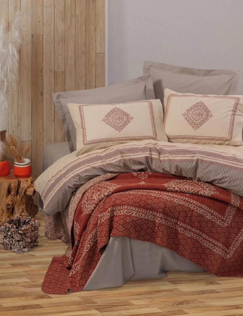 Cotton Box Çift Kişilik Battaniyeli Nevresim Takımı Hardy Kahve
