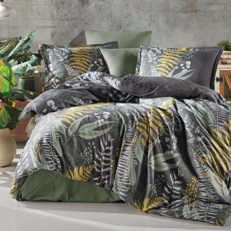 Clasy Pamuk Saten Çift Kişilik Nevresim Takımı Botanica V1 Yeşil