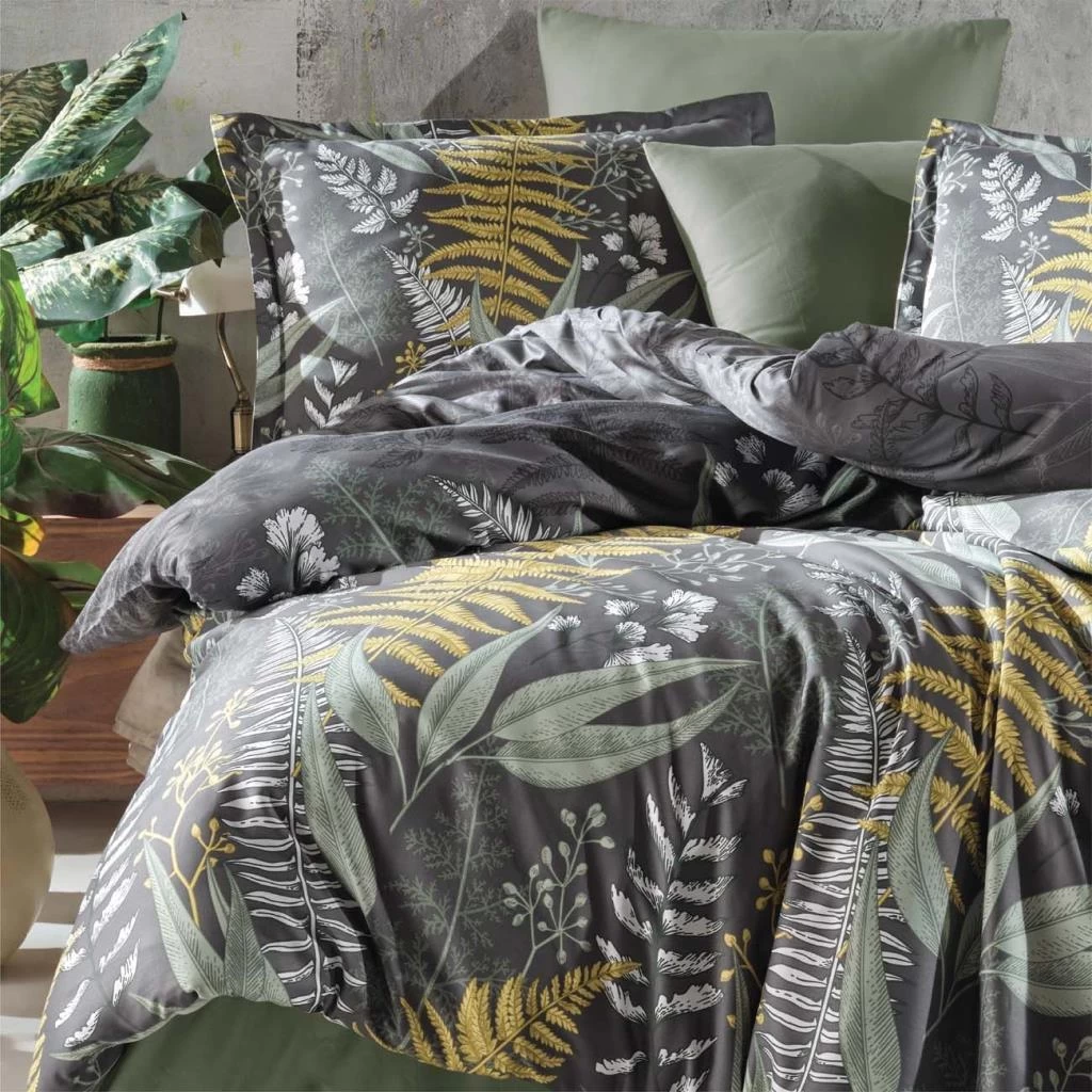 Clasy Pamuk Saten Çift Kişilik Nevresim Takımı Botanica V1 Yeşil