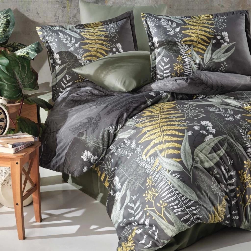 Clasy Pamuk Saten Çift Kişilik Nevresim Takımı Botanica V1 Yeşil