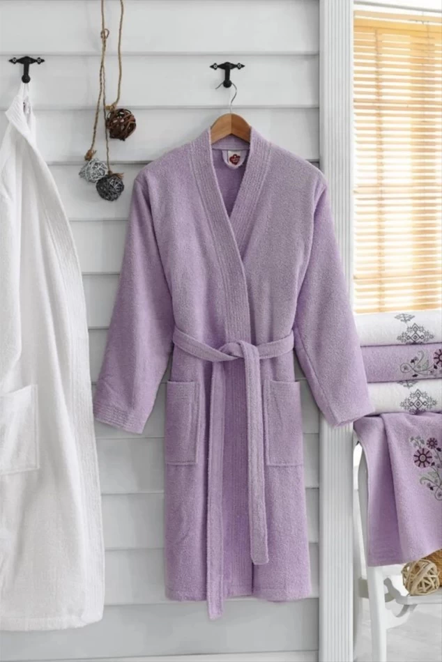 Cotton Box Nakışlı Aile Bornoz Seti Kimono Lila Beyaz