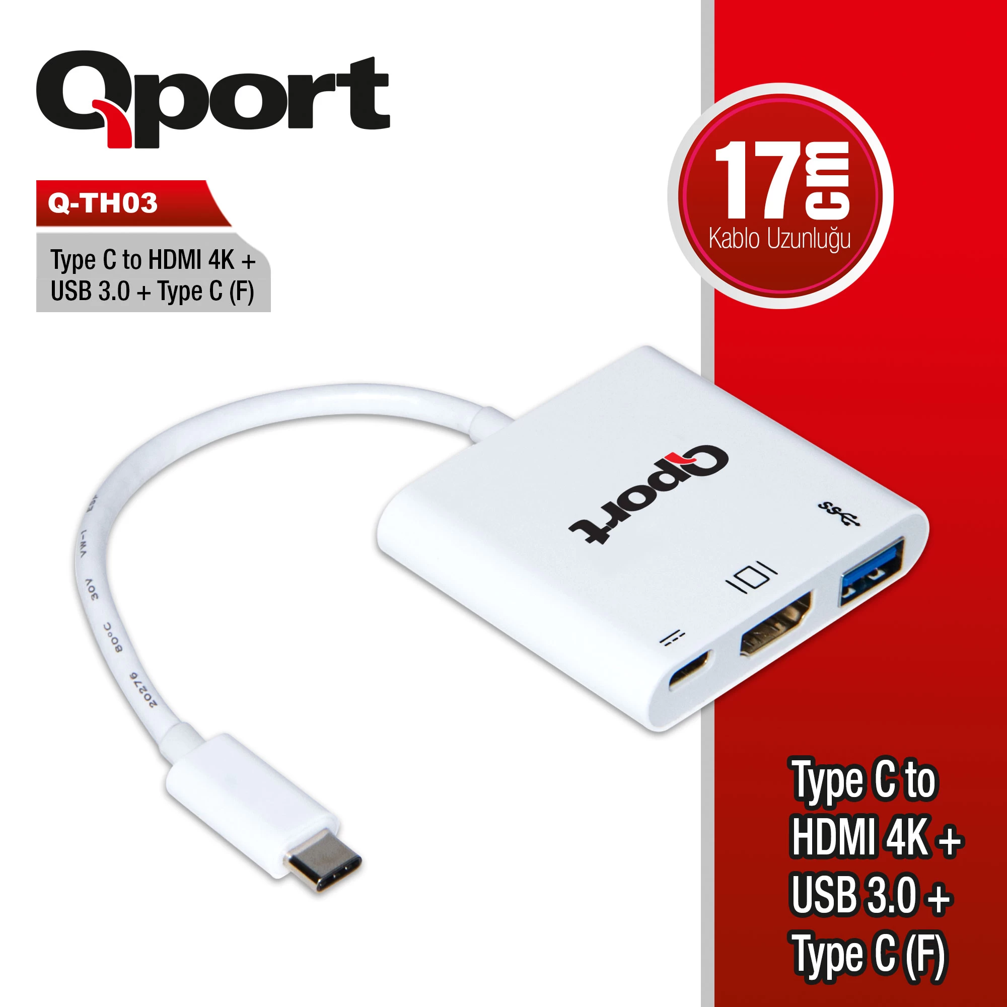 Qport Q-th03 Type-c To Hdmi/usb3.0/type-c(f) 4k Cevirici