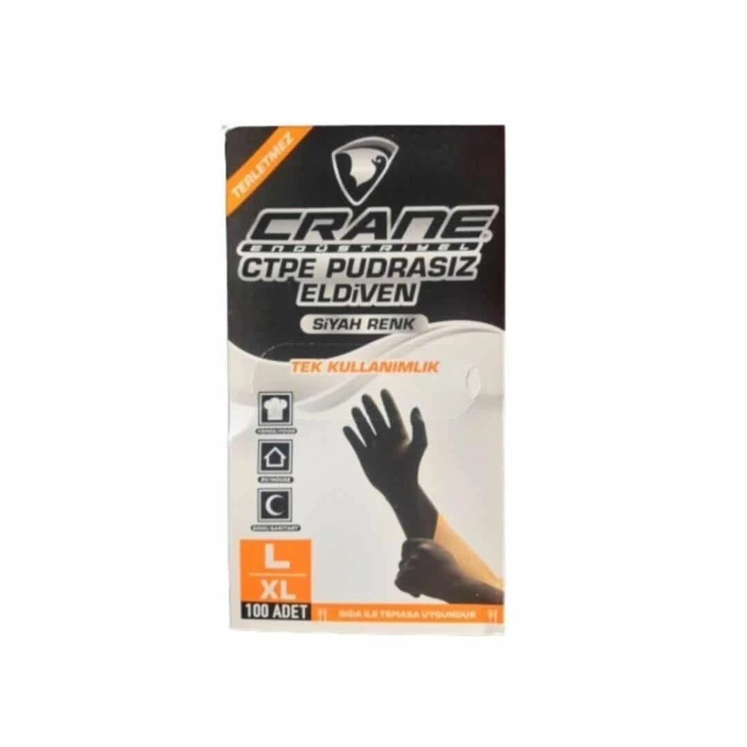 Crane Pudrasız Tek Kullanımlık Siyah Polietilen Eldiven Large 100'lü