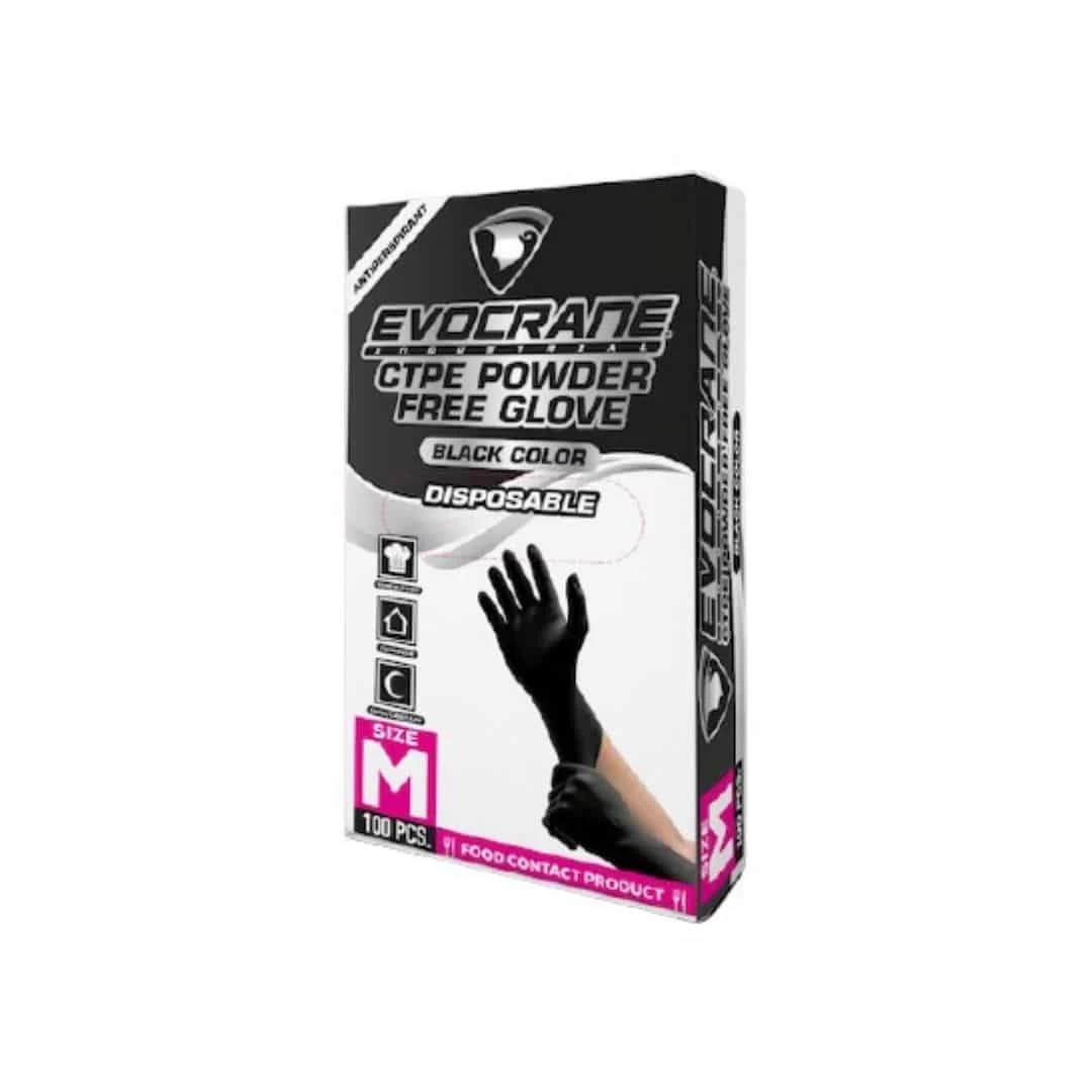 Crane Pudrasız Tek Kullanımlık Siyah Polietilen Eldiven Medium 100'lü