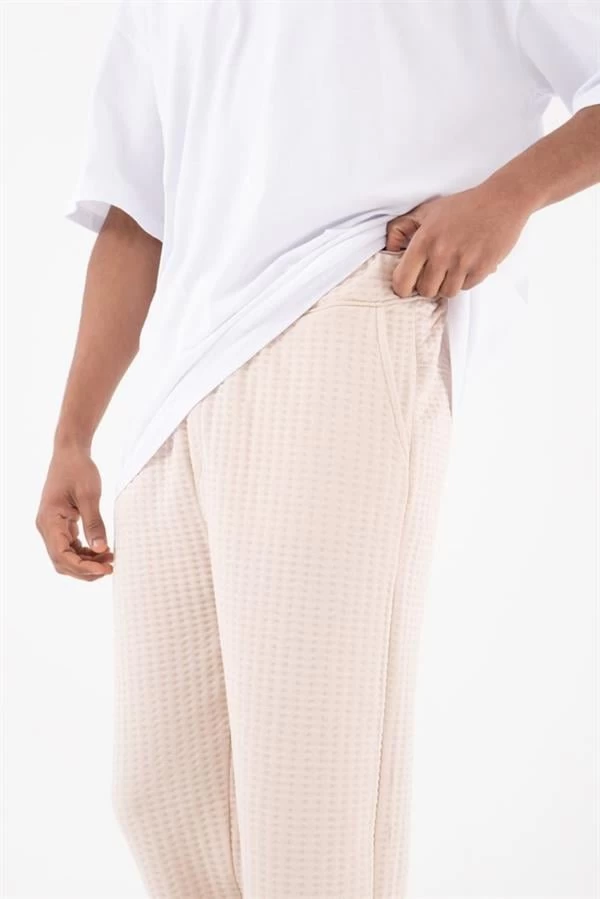 Bel Lastikli Kumaş Detaylı Oversıze Erkek Pantolon  - Renk: Bej, Beden: Medium