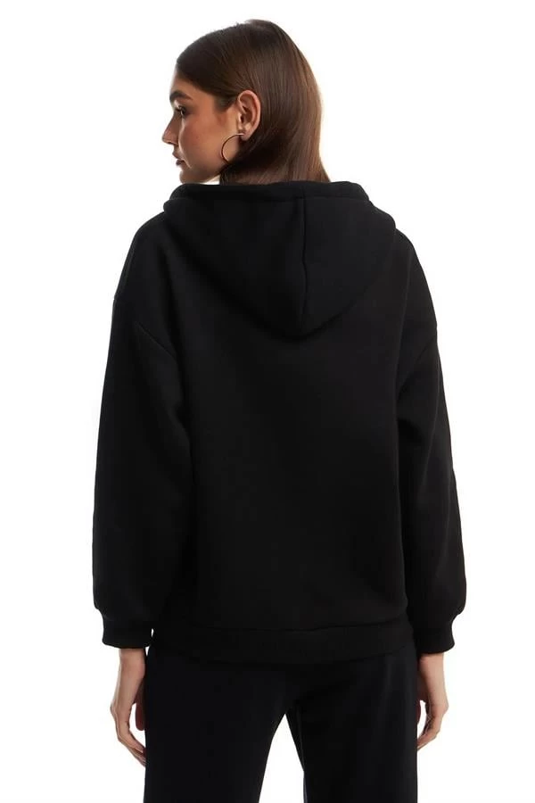 Kapüşonlu Fermuarlı Sweatshirt Hırka - Renk: Siyah, Beden: Medium